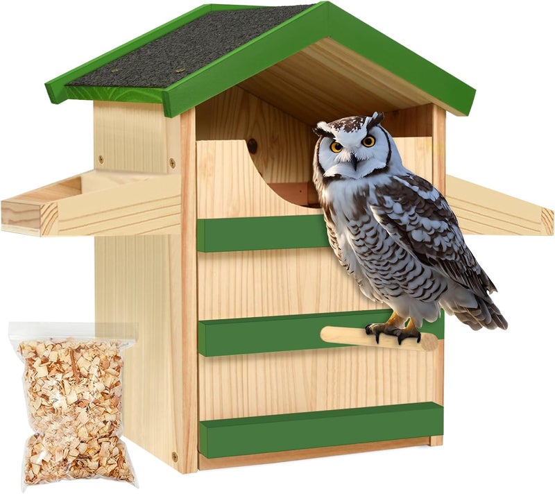 HAFTKD Screech Owl House, Wooden Owl Nesting Box with Bird Stand, Large Opening, Mounting Screws, and Wood Shavings for Outside Backyard - Image 1